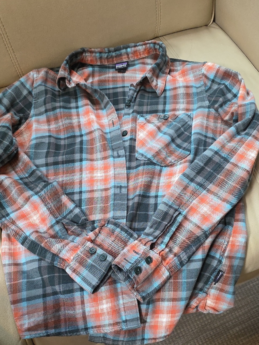 Patagonia Gray, Orange & Light Blue Plaid Flannel Shirt